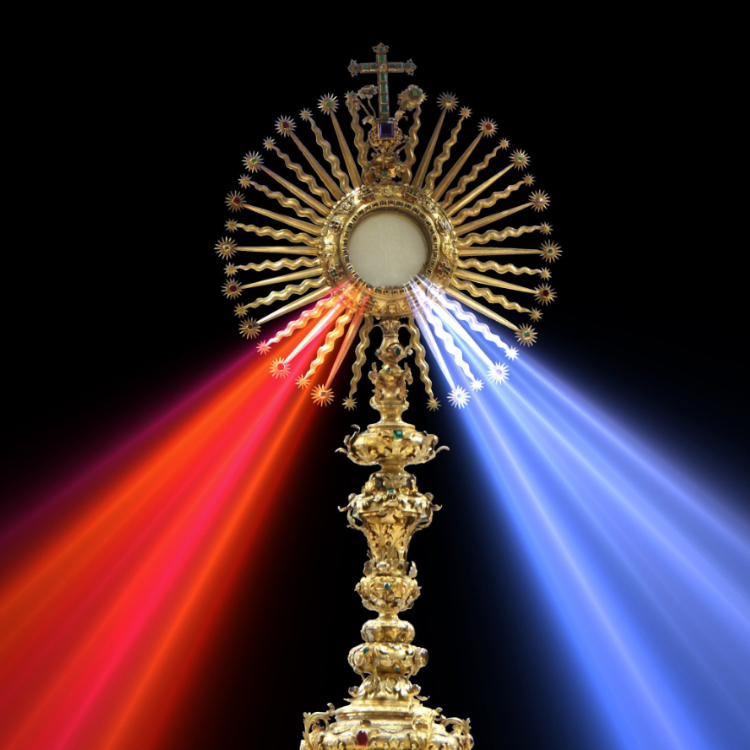 Gold Monstrance emanating Divine Mercy colours